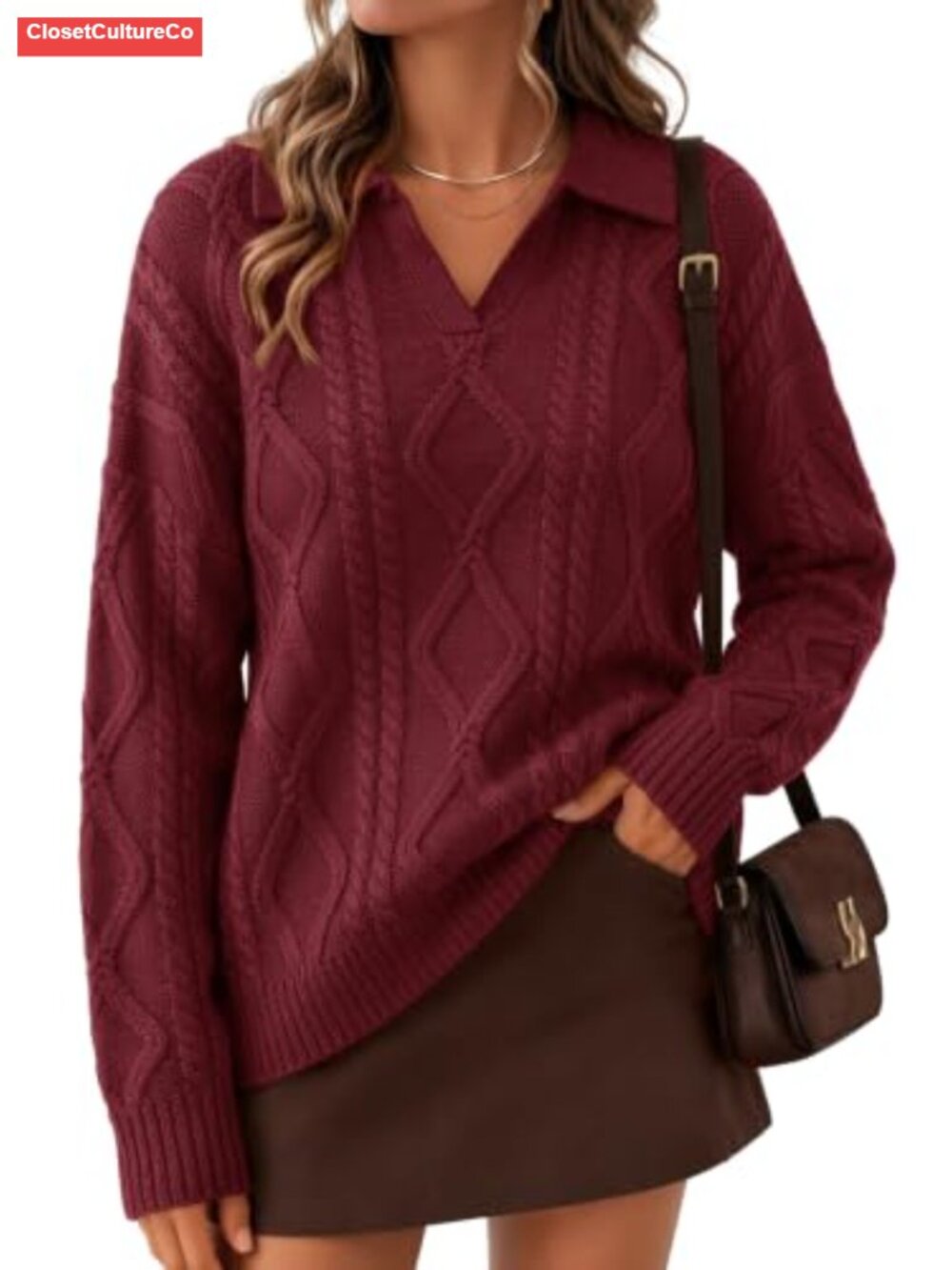 Oversized Cable Knit V Neck Polo Pullover Sweater Long Sleeve Women's